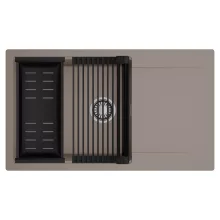 HD Onyx Tortora 86-XL egymedencés mosogatótálca szett, matt fekete csepegtetőráccsal és kosárral, csepegtetőtálcával, tortora színben, szálcsiszolt króm leeresztő szifonnal