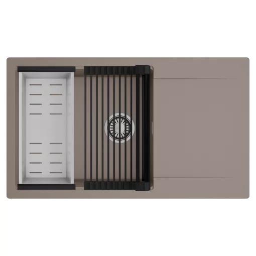 HD Onyx Tortora 86-XL egymedencés mosogatótálca szett, matt fekete csepegtetőráccsal és krómozott kosárral, csepegtetőtálcával, tortora színben, szálcsiszolt króm leeresztő szifonnal