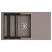 HD Onyx Tortora 86-XL egymedencés mosogatótálca szett, matt fekete csepegtetőráccsal, csepegtetőtálcával, tortora színben, szálcsiszolt króm leeresztő szifonnal