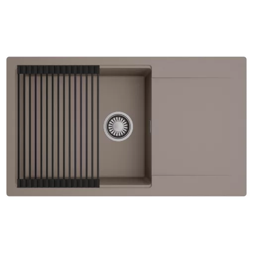 HD Onyx Tortora 86-XL egymedencés mosogatótálca szett, matt fekete csepegtetőráccsal, csepegtetőtálcával, tortora színben, szálcsiszolt króm leeresztő szifonnal