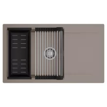 HD Onyx Tortora 86-XL egymedencés mosogatótálca szett, acél csepegtetőráccsal és matt fekete kosárral, csepegtetőtálcával, tortora színben, szálcsiszolt króm leeresztő szifonnal