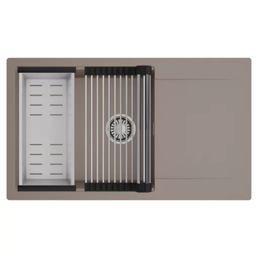 HD Onyx Tortora 86-XL egymedencés mosogatótálca szett, acél csepegtetőráccsal és kosárral, csepegtetőtálcával, tortora színben, szálcsiszolt króm leeresztő szifonnal