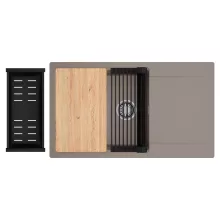 HD Onyx Tortora 86-XL egymedencés gránit mosogatótálca szett, csepegtetőtálcával, vágódeszkával, matt fekete csepegtetőráccsal és kosárral, tortora színben, szálcsiszolt króm leeresztő szifonnal