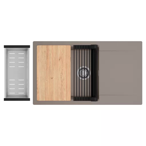 HD Onyx Tortora 86-XL egymedencés gránit mosogatótálca szett, csepegtetőtálcával, vágódeszkával, matt fekete csepegtetőráccsal és krómozott kosárral, tortora színben, szálcsiszolt króm leeresztő szifonnal