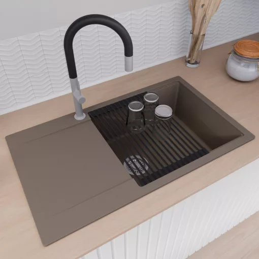 HD Onyx Tortora 86-XL egymedencés gránit mosogatótálca szett, csepegtetőtálcával, vágódeszkával, matt fekete csepegtetőráccsal és krómozott kosárral, tortora színben, szálcsiszolt króm leeresztő szifonnal