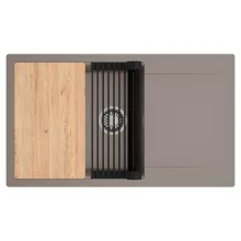 HD Onyx Tortora 86-XL egymedencés gránit mosogatótálca szett, csepegtetőtálcával, vágódeszkával, matt fekete csepegtetőráccsal, tortora színben, szálcsiszolt króm leeresztő szifonnal