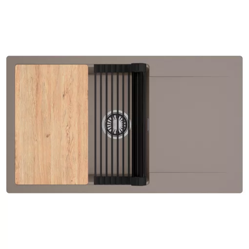 HD Onyx Tortora 86-XL egymedencés gránit mosogatótálca szett, csepegtetőtálcával, vágódeszkával, matt fekete csepegtetőráccsal, tortora színben, szálcsiszolt króm leeresztő szifonnal