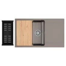 HD Onyx Tortora 86-XL egymedencés gránit mosogatótálca szett, csepegtetőtálcával, vágódeszkával, acél csepegtetőráccsal és matt fekete kosárral, tortora színben, szálcsiszolt króm leeresztő szifonnal