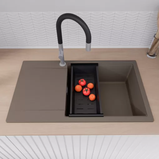 HD Onyx Tortora 86-XL egymedencés gránit mosogatótálca szett, csepegtetőtálcával, vágódeszkával, acél csepegtetőráccsal és matt fekete kosárral, tortora színben, szálcsiszolt króm leeresztő szifonnal