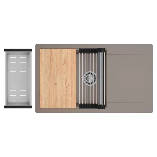 HD Onyx Tortora 86-XL egymedencés gránit mosogatótálca szett, csepegtetőtálcával, vágódeszkával, acél csepegtetőráccsal és kosárral, tortora színben, szálcsiszolt króm leeresztő szifonnal