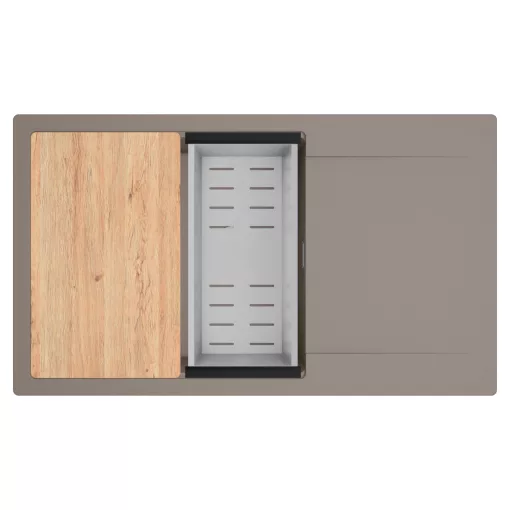 HD Onyx Tortora 86-XL egymedencés gránit mosogatótálca szett, csepegtetőtálcával, vágódeszkával, acél csepegtetőkosárral, tortora színben, szálcsiszolt króm leeresztő szifonnal