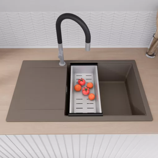 HD Onyx Tortora 86-XL egymedencés gránit mosogatótálca szett, csepegtetőtálcával, vágódeszkával, acél csepegtetőkosárral, tortora színben, szálcsiszolt króm leeresztő szifonnal