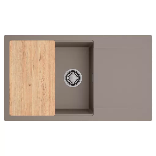 HD Onyx Tortora 86-XL egymedencés gránit mosogatótálca, vágódeszkával, tortora színben, szálcsiszolt króm leeresztő szifonnal