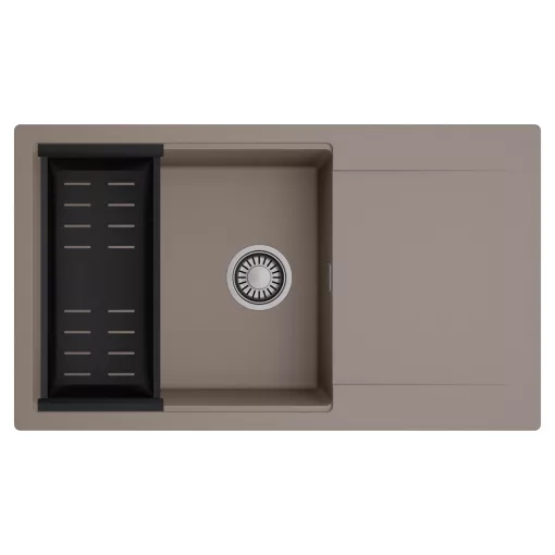 HD Onyx Tortora 86-XL egymedencés mosogatótálca szett, matt fekete csepegtetőkosárral, csepegtetőtálcával, tortora színben, szálcsiszolt króm leeresztő szifonnal