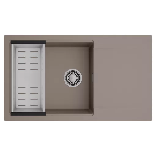 HD Onyx Tortora 86-XL egymedencés mosogatótálca szett, acél csepegtetőkosárral, csepegtetőtálcával, tortora színben, szálcsiszolt króm leeresztő szifonnal