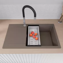 HD Onyx Tortora 86-XL egymedencés mosogatótálca szett, acél csepegtetőkosárral, csepegtetőtálcával, tortora színben, szálcsiszolt króm leeresztő szifonnal