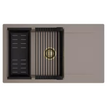 HD Onyx Tortora 86-XL egymedencés mosogatótálca szett, matt fekete csepegtetőráccsal és kosárral, csepegtetőtálcával, tortora színben, szálcsiszolt arany leeresztő szifonnal