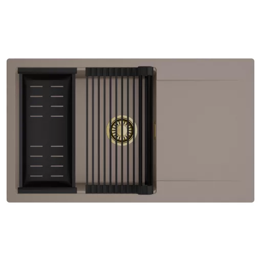 HD Onyx Tortora 86-XL egymedencés mosogatótálca szett, matt fekete csepegtetőráccsal és kosárral, csepegtetőtálcával, tortora színben, szálcsiszolt arany leeresztő szifonnal