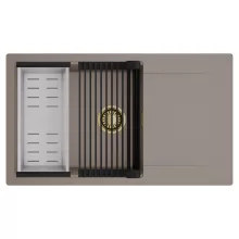 HD Onyx Tortora 86-XL egymedencés mosogatótálca szett, matt fekete csepegtetőráccsal és krómozott kosárral, csepegtetőtálcával, tortora színben, szálcsiszolt arany leeresztő szifonnal