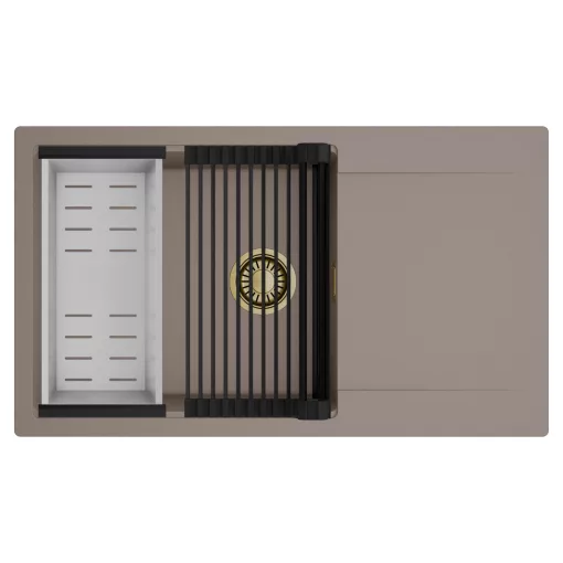 HD Onyx Tortora 86-XL egymedencés mosogatótálca szett, matt fekete csepegtetőráccsal és krómozott kosárral, csepegtetőtálcával, tortora színben, szálcsiszolt arany leeresztő szifonnal