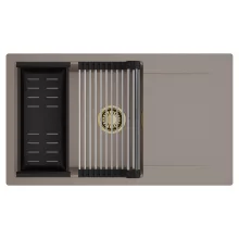 HD Onyx Tortora 86-XL egymedencés mosogatótálca szett, acél csepegtetőráccsal és matt fekete kosárral, csepegtetőtálcával, tortora színben, szálcsiszolt arany leeresztő szifonnal