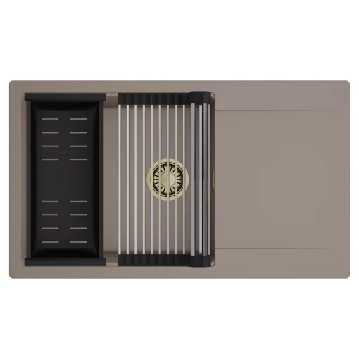 HD Onyx Tortora 86-XL egymedencés mosogatótálca szett, acél csepegtetőráccsal és matt fekete kosárral, csepegtetőtálcával, tortora színben, szálcsiszolt arany leeresztő szifonnal