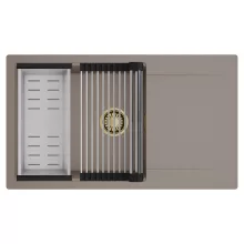 HD Onyx Tortora 86-XL egymedencés mosogatótálca szett, acél csepegtetőráccsal és kosárral, csepegtetőtálcával, tortora színben, szálcsiszolt arany leeresztő szifonnal