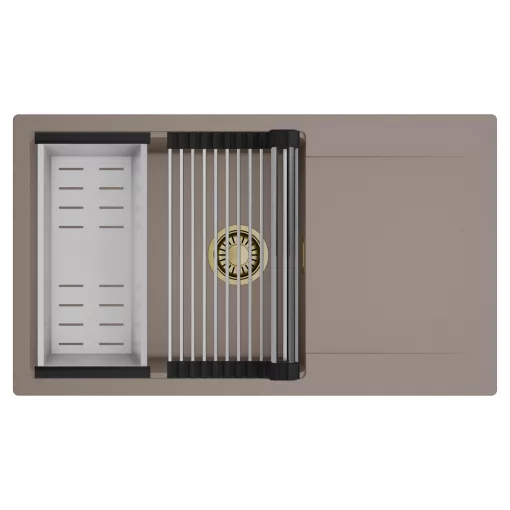 HD Onyx Tortora 86-XL egymedencés mosogatótálca szett, acél csepegtetőráccsal és kosárral, csepegtetőtálcával, tortora színben, szálcsiszolt arany leeresztő szifonnal