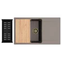 HD Onyx Tortora 86-XL egymedencés gránit mosogatótálca szett, csepegtetőtálcával, vágódeszkával, matt fekete csepegtetőráccsal és kosárral, tortora színben, szálcsiszolt arany leeresztő szifonnal