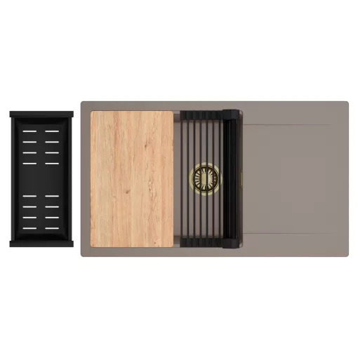 HD Onyx Tortora 86-XL egymedencés gránit mosogatótálca szett, csepegtetőtálcával, vágódeszkával, matt fekete csepegtetőráccsal és kosárral, tortora színben, szálcsiszolt arany leeresztő szifonnal