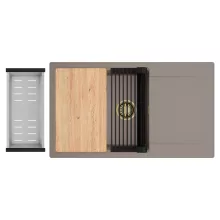 HD Onyx Tortora 86-XL egymedencés gránit mosogatótálca szett, csepegtetőtálcával, vágódeszkával, matt fekete csepegtetőráccsal és krómozott kosárral, tortora színben, szálcsiszolt arany leeresztő szifonnal