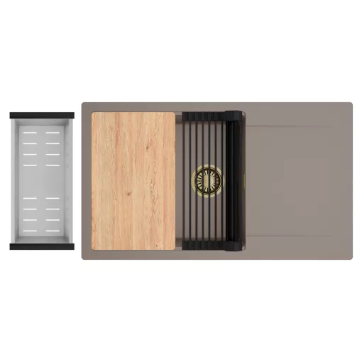 HD Onyx Tortora 86-XL egymedencés gránit mosogatótálca szett, csepegtetőtálcával, vágódeszkával, matt fekete csepegtetőráccsal és krómozott kosárral, tortora színben, szálcsiszolt arany leeresztő szifonnal