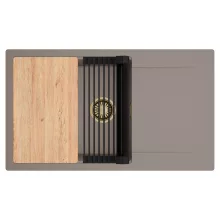 HD Onyx Tortora 86-XL egymedencés gránit mosogatótálca szett, csepegtetőtálcával, vágódeszkával, matt fekete csepegtetőráccsal, tortora színben, szálcsiszolt arany leeresztő szifonnal