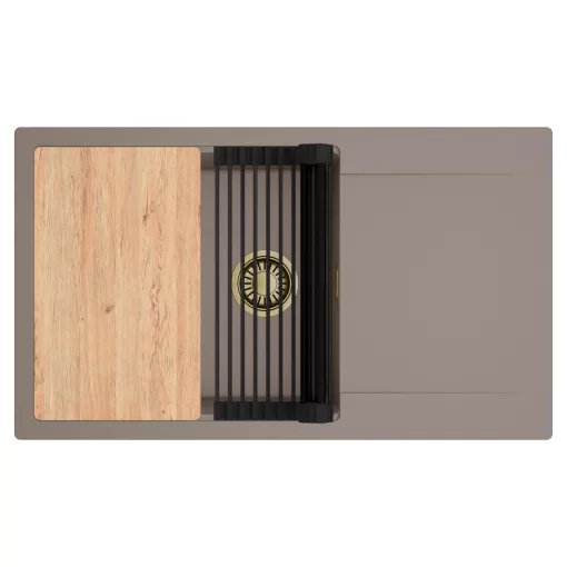 HD Onyx Tortora 86-XL egymedencés gránit mosogatótálca szett, csepegtetőtálcával, vágódeszkával, matt fekete csepegtetőráccsal, tortora színben, szálcsiszolt arany leeresztő szifonnal