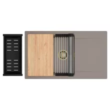 HD Onyx Tortora 86-XL egymedencés gránit mosogatótálca szett, csepegtetőtálcával, vágódeszkával, acél csepegtetőráccsal és matt fekete kosárral, tortora színben, szálcsiszolt arany leeresztő szifonnal