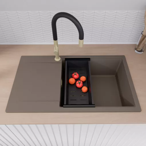 HD Onyx Tortora 86-XL egymedencés gránit mosogatótálca szett, csepegtetőtálcával, vágódeszkával, acél csepegtetőráccsal és matt fekete kosárral, tortora színben, szálcsiszolt arany leeresztő szifonnal