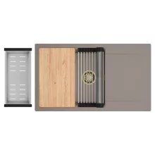 HD Onyx Tortora 86-XL egymedencés gránit mosogatótálca szett, csepegtetőtálcával, vágódeszkával, acél csepegtetőráccsal és kosárral, tortora színben, szálcsiszolt arany leeresztő szifonnal