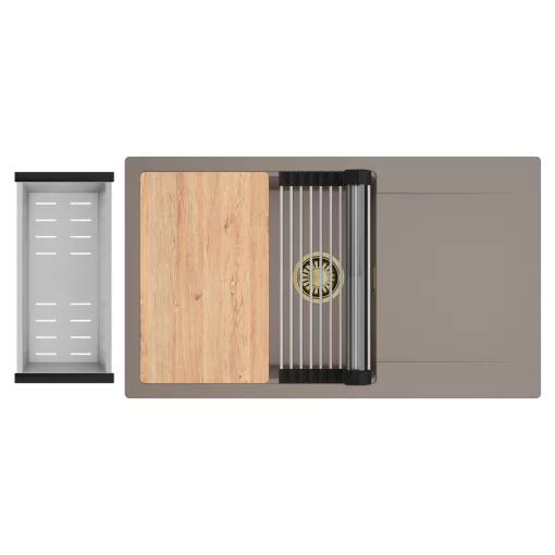 HD Onyx Tortora 86-XL egymedencés gránit mosogatótálca szett, csepegtetőtálcával, vágódeszkával, acél csepegtetőráccsal és kosárral, tortora színben, szálcsiszolt arany leeresztő szifonnal