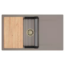 HD Onyx Tortora 86-XL egymedencés gránit mosogatótálca szett, csepegtetőtálcával, vágódeszkával, acél csepegtetőráccsal, tortora színben, szálcsiszolt arany leeresztő szifonnal