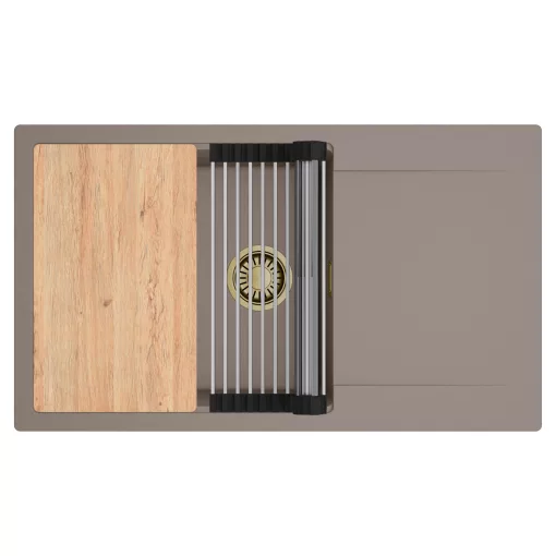 HD Onyx Tortora 86-XL egymedencés gránit mosogatótálca szett, csepegtetőtálcával, vágódeszkával, acél csepegtetőráccsal, tortora színben, szálcsiszolt arany leeresztő szifonnal