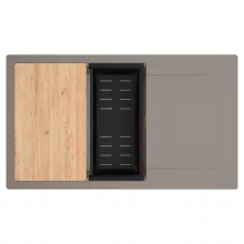 HD Onyx Tortora 86-XL egymedencés gránit mosogatótálca szett, csepegtetőtálcával, vágódeszkával, matt fekete csepegtetőkosárral, tortora színben, szálcsiszolt arany leeresztő szifonnal