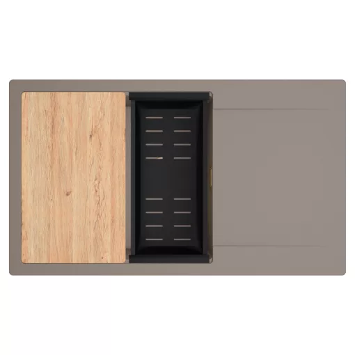 HD Onyx Tortora 86-XL egymedencés gránit mosogatótálca szett, csepegtetőtálcával, vágódeszkával, matt fekete csepegtetőkosárral, tortora színben, szálcsiszolt arany leeresztő szifonnal