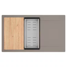 HD Onyx Tortora 86-XL egymedencés gránit mosogatótálca szett, csepegtetőtálcával, vágódeszkával, acél csepegtetőkosárral, tortora színben, szálcsiszolt arany leeresztő szifonnal