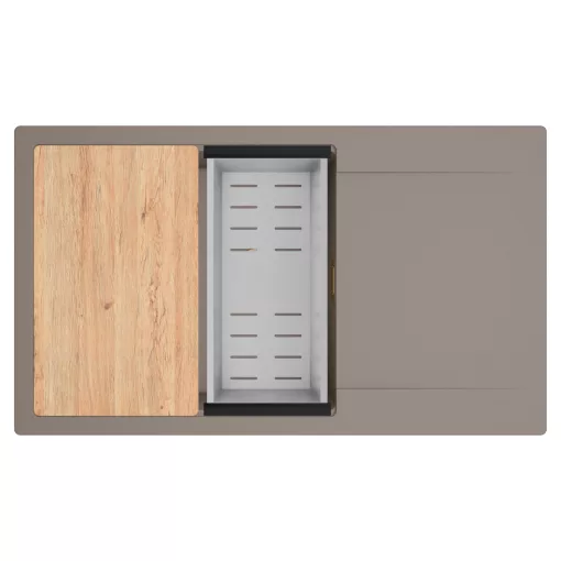 HD Onyx Tortora 86-XL egymedencés gránit mosogatótálca szett, csepegtetőtálcával, vágódeszkával, acél csepegtetőkosárral, tortora színben, szálcsiszolt arany leeresztő szifonnal