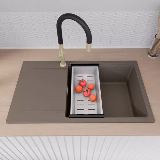 HD Onyx Tortora 86-XL egymedencés gránit mosogatótálca szett, csepegtetőtálcával, vágódeszkával, acél csepegtetőkosárral, tortora színben, szálcsiszolt arany leeresztő szifonnal