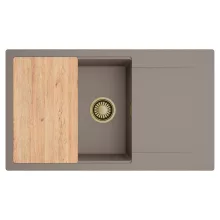 HD Onyx Tortora 86-XL egymedencés gránit mosogatótálca, vágódeszkával, tortora színben, szálcsiszolt arany leeresztő szifonnal