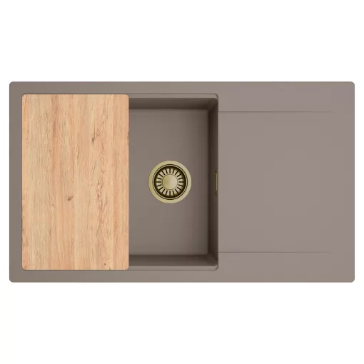 HD Onyx Tortora 86-XL egymedencés gránit mosogatótálca, vágódeszkával, tortora színben, szálcsiszolt arany leeresztő szifonnal