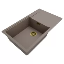 HD Onyx Tortora 86-XL egymedencés gránit mosogatótálca, vágódeszkával, tortora színben, szálcsiszolt arany leeresztő szifonnal