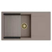 HD Onyx Tortora 86-XL egymedencés mosogatótálca szett, acél csepegtetőráccsal, csepegtetőtálcával, tortora színben, szálcsiszolt arany leeresztő szifonnal