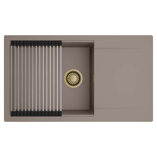 HD Onyx Tortora 86-XL egymedencés mosogatótálca szett, acél csepegtetőráccsal, csepegtetőtálcával, tortora színben, szálcsiszolt arany leeresztő szifonnal